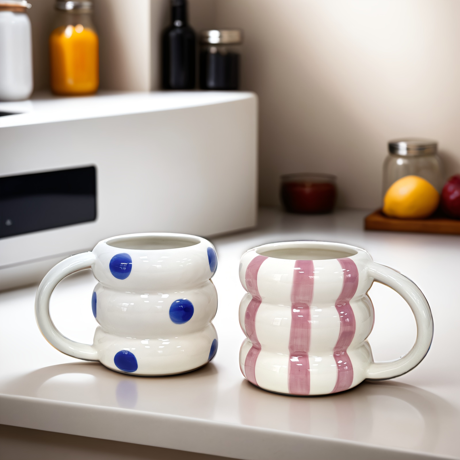 1pc, 16.91oz Large Capacity Lovely Circle Ceramic Cups, Creative Couple Cups, Coffee Cups, Milk Cups, Hot Chocolate, Polka Dots And Striped Patterns for Hot And Cold Drinks, Valentine