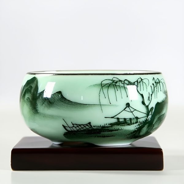 1pc 80ml 2.82oz Traditional Celadon Hand-painted Landscape Teacup Ceramic for Lotus Carp Tea Set Double-fish Chinese Tea Master Cup