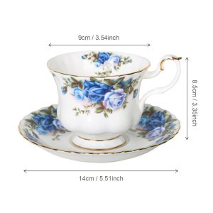 6oz European Vintage Blue Rose Coffee Cup and Saucer, Elegant Bone China Tea Cup and Saucer, Cappuccino Cup, Latte Cup, Suitable for Tea Parties, Coffee Shops, Home Decoration, As Well As Mother's Day, Valentine's Day Gifts, Christmas Gifts