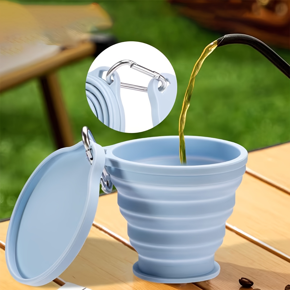 1 Foldable Silicone Water Cup, a Portable Travel Rinse Cup with Lid, Heat-resistant Tea Cup, Beverage Cup, Featuring a Carabiner Design for Hanging on Backpacks. Suitable for Camping, Outdoor Activities, Hiking, Cycling, Parties, Etc. - Image 3