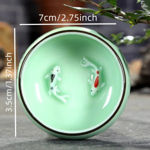 1pc 80ml 2.82oz Traditional Celadon Hand-painted Landscape Teacup Ceramic for Lotus Carp Tea Set Double-fish Chinese Tea Master Cup - Image 3