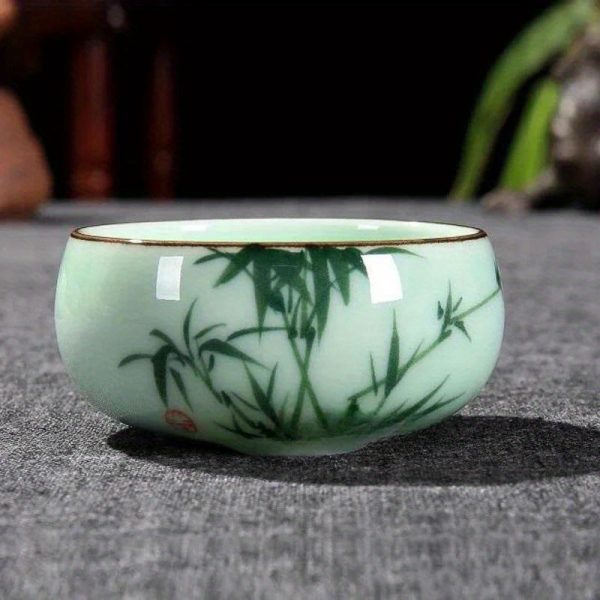 1pc 80ml 2.82oz Traditional Celadon Hand-painted Landscape Teacup Ceramic for Lotus Carp Tea Set Double-fish Chinese Tea Master Cup