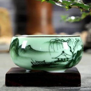 1pc 80ml 2.82oz Traditional Celadon Hand-painted Landscape Teacup Ceramic for Lotus Carp Tea Set Double-fish Chinese Tea Master Cup - Image 2