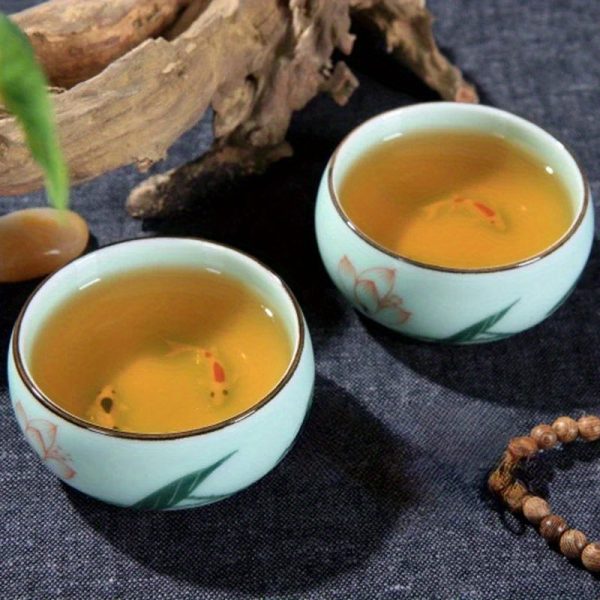 1pc 80ml 2.82oz Traditional Celadon Hand-painted Landscape Teacup Ceramic for Lotus Carp Tea Set Double-fish Chinese Tea Master Cup