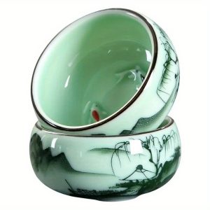 1pc 80ml 2.82oz Traditional Celadon Hand-painted Landscape Teacup Ceramic for Lotus Carp Tea Set Double-fish Chinese Tea Master Cup