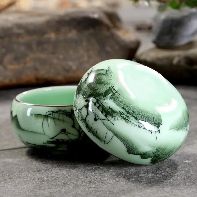 1pc 80ml 2.82oz Traditional Celadon Hand-painted Landscape Teacup Ceramic for Lotus Carp Tea Set Double-fish Chinese Tea Master Cup - Image 8