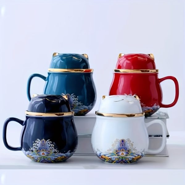 Ceramic Cat Cup with Portable Bag - Reusable, Insulated, Floral Design, Machine Washable, Ideal for Travel, Perfect for Home or Office Use, Ceramic Cup with Lid, | Floral Design Cup | Ceramic Cup