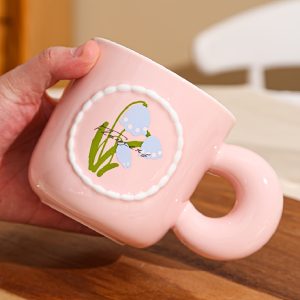 1pc Floral Pearl Mug - Cute Macaron Colors (White with Green Handles & Pink Rim), Insulated, Reusable, Perfect for Coffee, Tea, or Gifts, Hand Wash Only, Coffee Mug