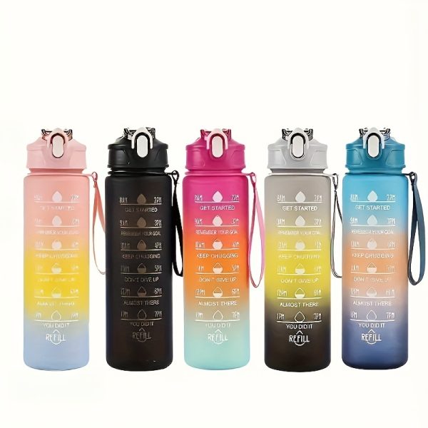 1pc Gradient Sports Water Bottle with Straw & Time Marker - Leakproof, Motivational Polycarbonate Cup - For Men & Women - Perfect for Outdoor Fitness, Hiking, Camping, Gym Activities & Travel - Ideal Gift for Athletes & Fitness Enthusiasts