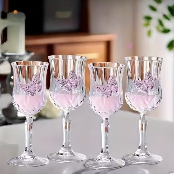 2/4pcs Set Single Butterfly Design Glass Goblets, Bow Design Glass Wine Glasses, Cute Tulip-Shaped Red Wine Glasses, Suitable for Family Gatherings, Parties, Weddings, Wine Tasting, Reusable and Easy to Clean