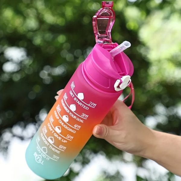 1pc Gradient Sports Water Bottle with Straw & Time Marker - Leakproof, Motivational Polycarbonate Cup - For Men & Women - Perfect for Outdoor Fitness, Hiking, Camping, Gym Activities & Travel - Ideal Gift for Athletes & Fitness Enthusiasts
