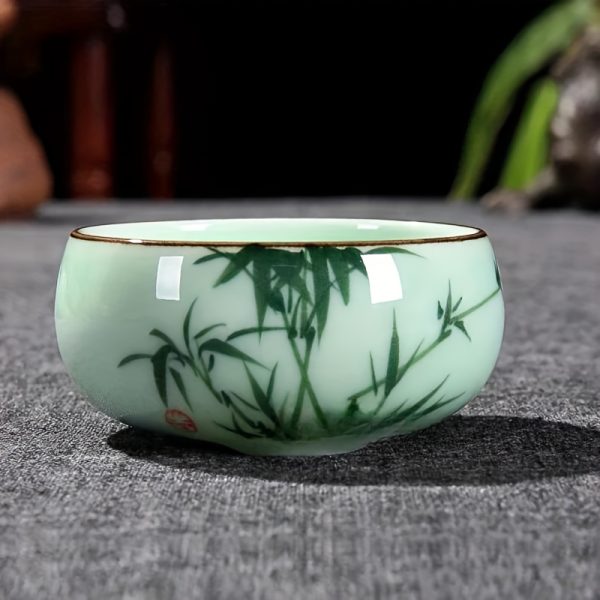 1pc 80ml 2.82oz Traditional Celadon Hand-painted Landscape Teacup Ceramic for Lotus Carp Tea Set Double-fish Chinese Tea Master Cup