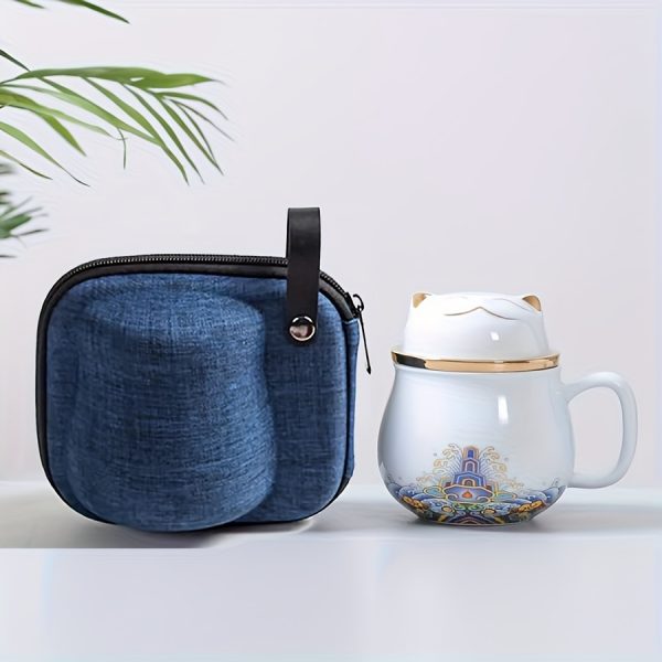 Ceramic Cat Cup with Portable Bag - Reusable, Insulated, Floral Design, Machine Washable, Ideal for Travel, Perfect for Home or Office Use, Ceramic Cup with Lid, | Floral Design Cup | Ceramic Cup