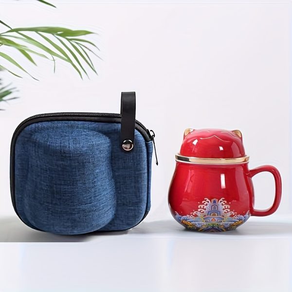 Ceramic Cat Cup with Portable Bag - Reusable, Insulated, Floral Design, Machine Washable, Ideal for Travel, Perfect for Home or Office Use, Ceramic Cup with Lid, | Floral Design Cup | Ceramic Cup