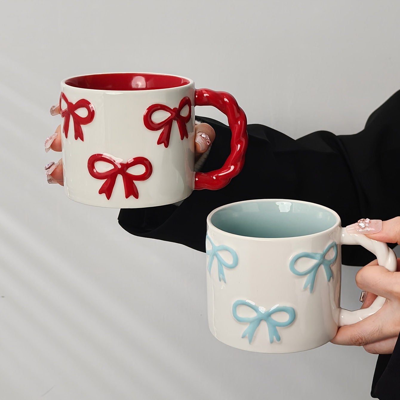 1pc New Creative 3D Bow Mug, High Aesthetic Twisty Handle Coffee Cup, Ceramic Coffee Cup, Milk Cup Water Cup, Microwave Safe, Perfect Gift for Bestie, Cute Girly Heart Drinking Cup, Valentine