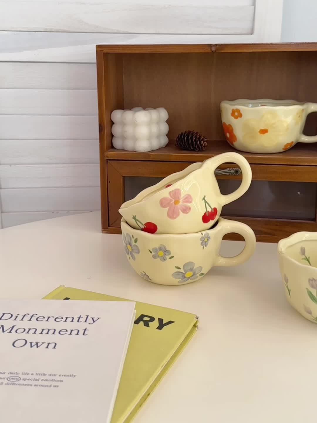 8.5oz Milky Yellow Ceramic Tulip Mug - Hand Pinched Irregular Coffee Cup, Matcha Tea Cup, Oatmeal Cup, Small Flower Breakfast Cup, Reusable for Home, Office or Cafe, Gift for Birthdays, Christmas, Halloween, Easter, Youngster