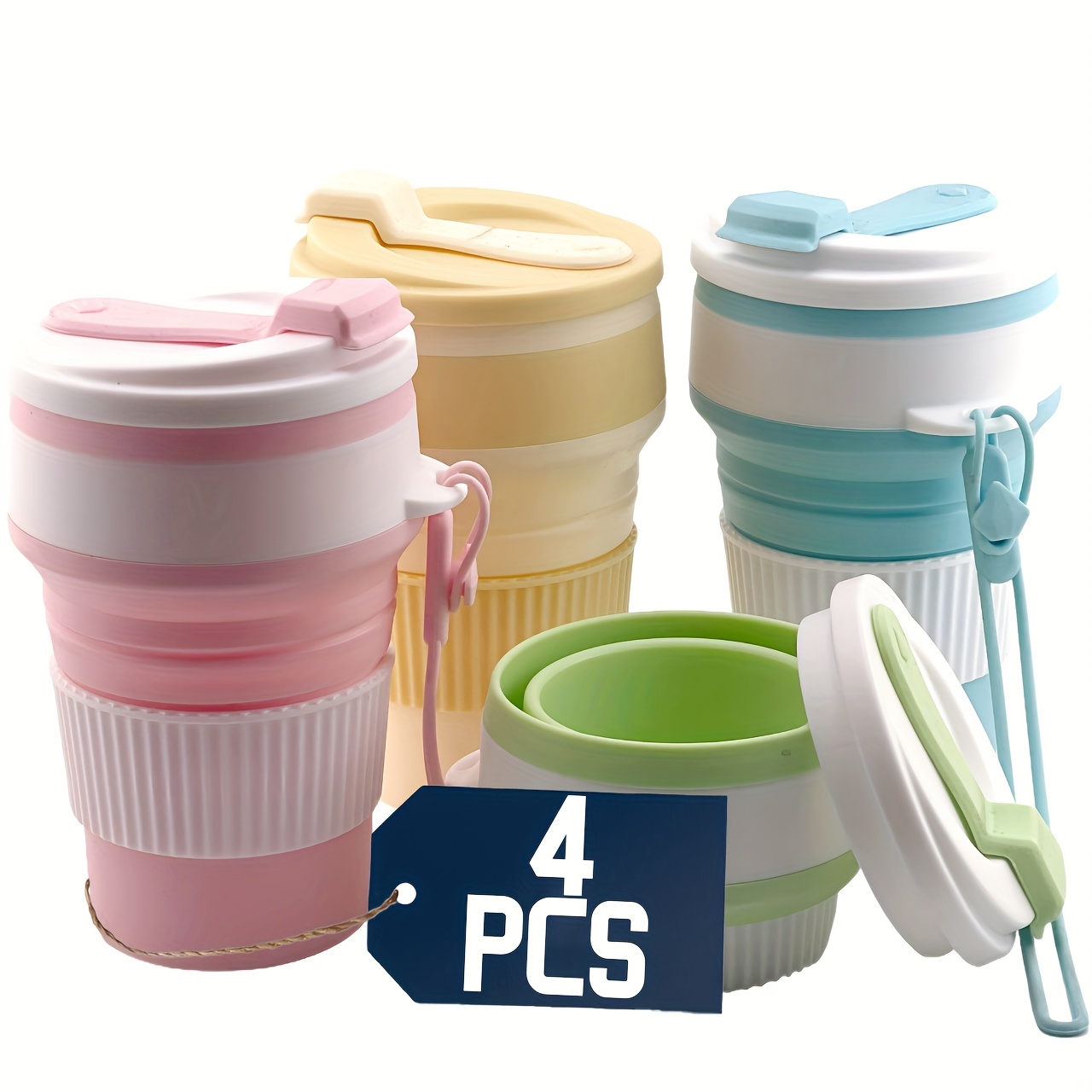 Silicone Collapsible Travel Water Cup, 4-Pack Collapsible Silicone Cups with Lids, Expandable Drinking Cup Set, Reusable Mugs for Camping, Hiking, Travel - Image 1