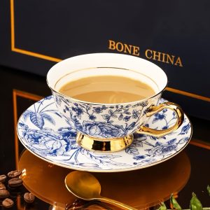 1pc Bone China Cup and Saucer , Ceramic Tea Coffee Cup for Wedding, Vintage Blue and White Porcelain Flower Pattern, Ceramic Royal Luxury Coffee Mug, Porcelain Latte Cup Saucer Teacup for Afternoon Tea, Mother's Day Valentine's Day gift, 7 Ounces - Image 3