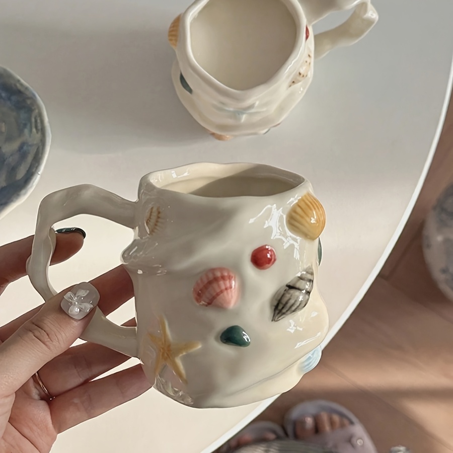 1pc 300Ml 10Oz Creative Shell Pattern Ceramic Coffee Mug, Hand-Painted Ceramic Tea Cup Matcha Cup, Beautiful Pattern Couple Cup, Latte Cup, Female Gift Cup, Vintage Style 3D Hand-Painted Touch Ceramic Cup, Non-Stick Shell Ceramic Cup - Image 8