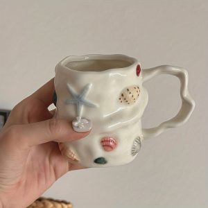 1pc 300Ml 10Oz Creative Shell Pattern Ceramic Coffee Mug, Hand-Painted Ceramic Tea Cup Matcha Cup, Beautiful Pattern Couple Cup, Latte Cup, Female Gift Cup, Vintage Style 3D Hand-Painted Touch Ceramic Cup, Non-Stick Shell Ceramic Cup - Image 6