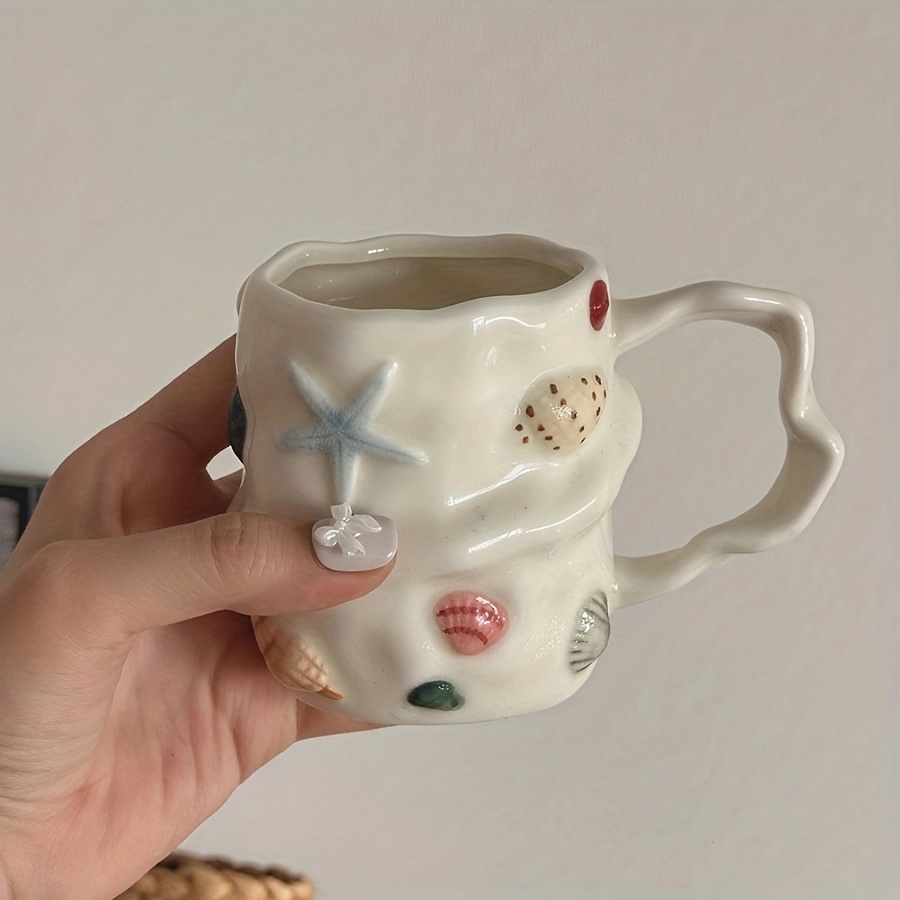1pc 300Ml 10Oz Creative Shell Pattern Ceramic Coffee Mug, Hand-Painted Ceramic Tea Cup Matcha Cup, Beautiful Pattern Couple Cup, Latte Cup, Female Gift Cup, Vintage Style 3D Hand-Painted Touch Ceramic Cup, Non-Stick Shell Ceramic Cup - Image 6
