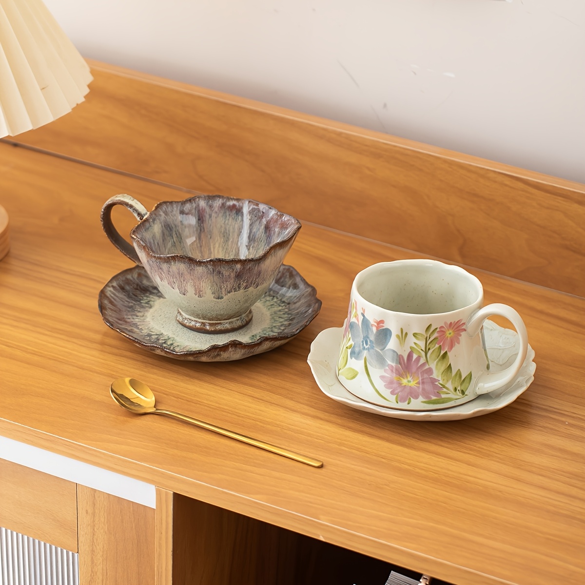 Vintage Kiln-Transformed Coffee Cup, Hand-Painted Floral Mug, Ceramic Latte Cup with Saucer, Latte Art Cup, 5.41oz 7.44oz, Afternoon Tea Tea Set - Image 1