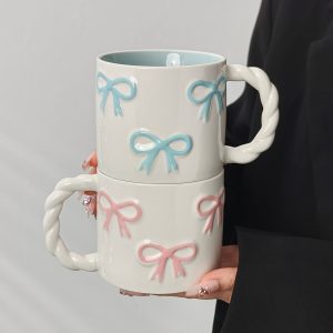 1pc New Creative 3D Bow Mug, High Aesthetic Twisty Handle Coffee Cup, Ceramic Coffee Cup, Milk Cup Water Cup, Microwave Safe, Perfect Gift for Bestie, Cute Girly Heart Drinking Cup, Valentine'S Day Gift. Souvenir Gift - Image 10