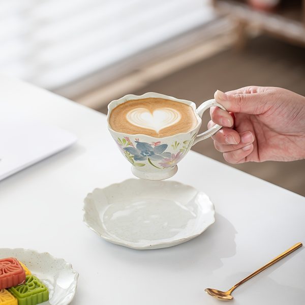 Vintage Kiln-Transformed Coffee Cup, Hand-Painted Floral Mug, Ceramic Latte Cup with Saucer, Latte Art Cup, 5.41oz 7.44oz, Afternoon Tea Tea Set