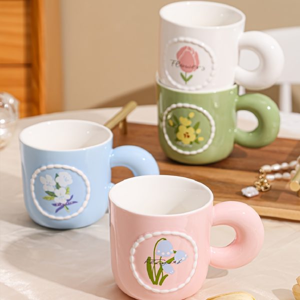 1pc Floral Pearl Mug - Cute Macaron Colors (White with Green Handles & Pink Rim), Insulated, Reusable, Perfect for Coffee, Tea, or Gifts, Hand Wash Only, Coffee Mug
