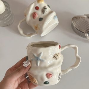1pc 300Ml 10Oz Creative Shell Pattern Ceramic Coffee Mug, Hand-Painted Ceramic Tea Cup Matcha Cup, Beautiful Pattern Couple Cup, Latte Cup, Female Gift Cup, Vintage Style 3D Hand-Painted Touch Ceramic Cup, Non-Stick Shell Ceramic Cup - Image 10