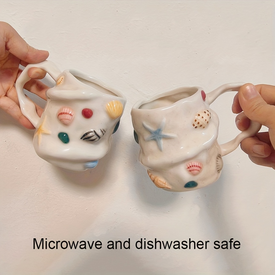 1pc 300Ml 10Oz Creative Shell Pattern Ceramic Coffee Mug, Hand-Painted Ceramic Tea Cup Matcha Cup, Beautiful Pattern Couple Cup, Latte Cup, Female Gift Cup, Vintage Style 3D Hand-Painted Touch Ceramic Cup, Non-Stick Shell Ceramic Cup - Image 3