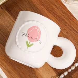 1pc Floral Pearl Mug - Cute Macaron Colors (White with Green Handles & Pink Rim), Insulated, Reusable, Perfect for Coffee, Tea, or Gifts, Hand Wash Only, Coffee Mug - Image 2