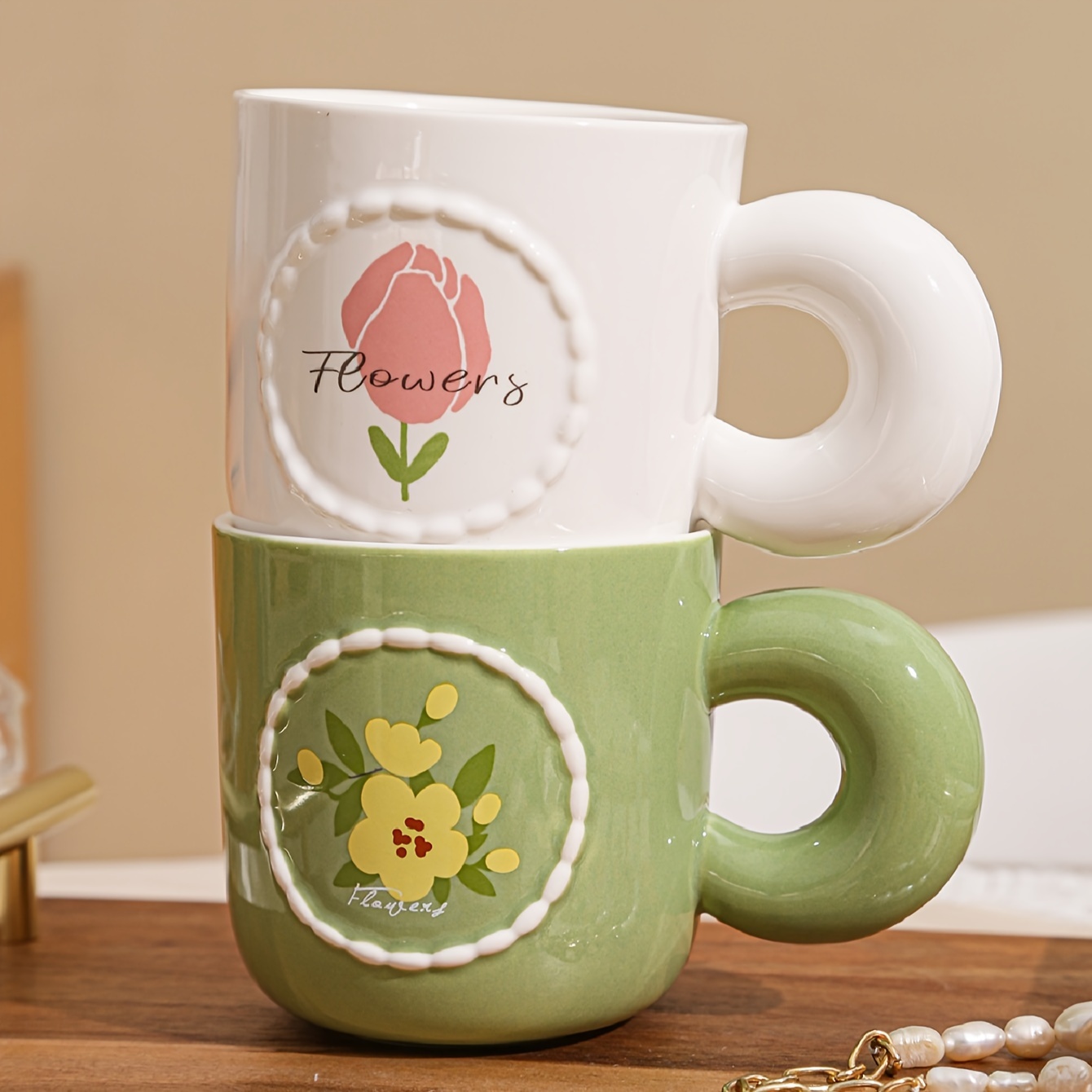 1pc Floral Pearl Mug - Cute Macaron Colors (White with Green Handles & Pink Rim), Insulated, Reusable, Perfect for Coffee, Tea, or Gifts, Hand Wash Only, Coffee Mug - Image 3