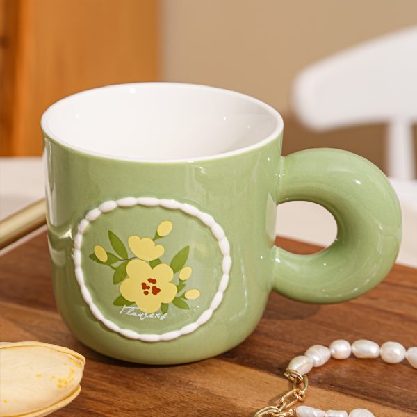 1pc Floral Pearl Mug - Cute Macaron Colors (White with Green Handles & Pink Rim), Insulated, Reusable, Perfect for Coffee, Tea, or Gifts, Hand Wash Only, Coffee Mug