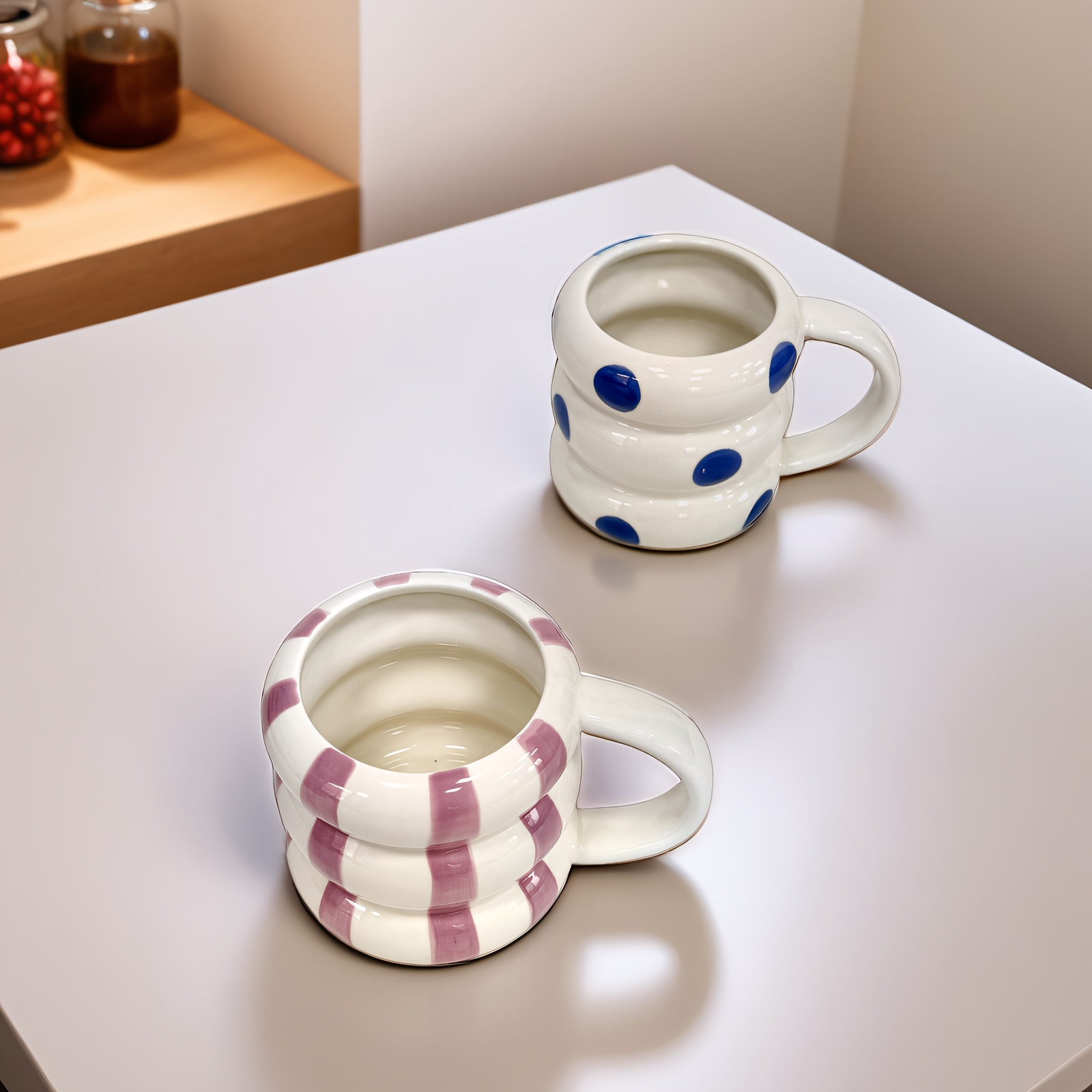 1pc, 16.91oz Large Capacity Lovely Circle Ceramic Cups, Creative Couple Cups, Coffee Cups, Milk Cups, Hot Chocolate, Polka Dots And Striped Patterns for Hot And Cold Drinks, Valentine