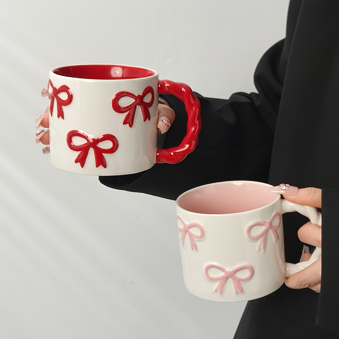 1pc New Creative 3D Bow Mug, High Aesthetic Twisty Handle Coffee Cup, Ceramic Coffee Cup, Milk Cup Water Cup, Microwave Safe, Perfect Gift for Bestie, Cute Girly Heart Drinking Cup, Valentine