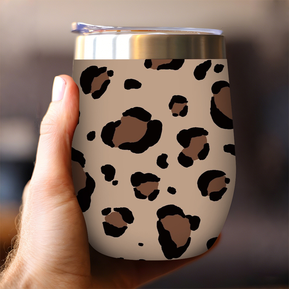 Leopard Print 12 Ounce Stainless Steel Insulated Water Cup Leak Proof, Reusable Eggshell Design, Suitable for Coffee, Wine and Cocktails Perfect for Home and Outdoor Use - Image 1