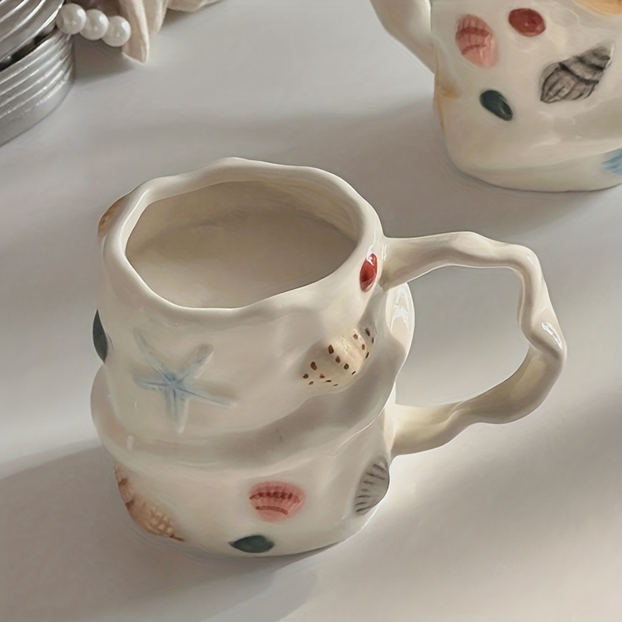 1pc 300Ml 10Oz Creative Shell Pattern Ceramic Coffee Mug, Hand-Painted Ceramic Tea Cup Matcha Cup, Beautiful Pattern Couple Cup, Latte Cup, Female Gift Cup, Vintage Style 3D Hand-Painted Touch Ceramic Cup, Non-Stick Shell Ceramic Cup - Image 4
