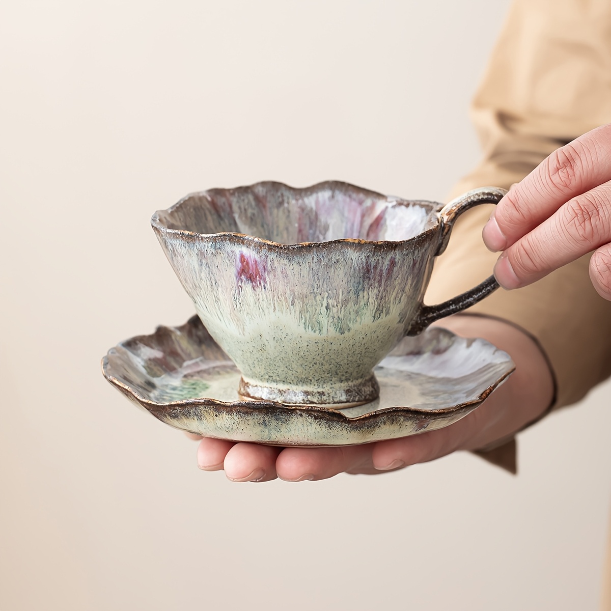 Vintage Kiln-Transformed Coffee Cup, Hand-Painted Floral Mug, Ceramic Latte Cup with Saucer, Latte Art Cup, 5.41oz 7.44oz, Afternoon Tea Tea Set - Image 2