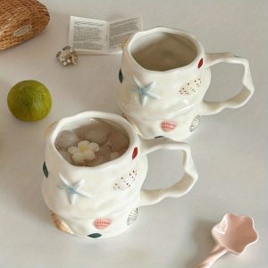 1pc 300Ml 10Oz Creative Shell Pattern Ceramic Coffee Mug, Hand-Painted Ceramic Tea Cup Matcha Cup, Beautiful Pattern Couple Cup, Latte Cup, Female Gift Cup, Vintage Style 3D Hand-Painted Touch Ceramic Cup, Non-Stick Shell Ceramic Cup - Image 5