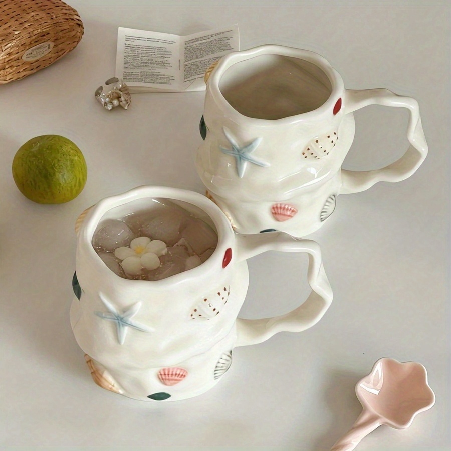 1pc 300Ml 10Oz Creative Shell Pattern Ceramic Coffee Mug, Hand-Painted Ceramic Tea Cup Matcha Cup, Beautiful Pattern Couple Cup, Latte Cup, Female Gift Cup, Vintage Style 3D Hand-Painted Touch Ceramic Cup, Non-Stick Shell Ceramic Cup - Image 5