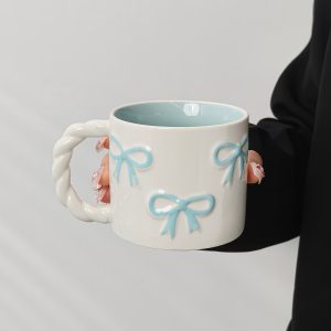 1pc New Creative 3D Bow Mug, High Aesthetic Twisty Handle Coffee Cup, Ceramic Coffee Cup, Milk Cup Water Cup, Microwave Safe, Perfect Gift for Bestie, Cute Girly Heart Drinking Cup, Valentine'S Day Gift. Souvenir Gift - Image 9