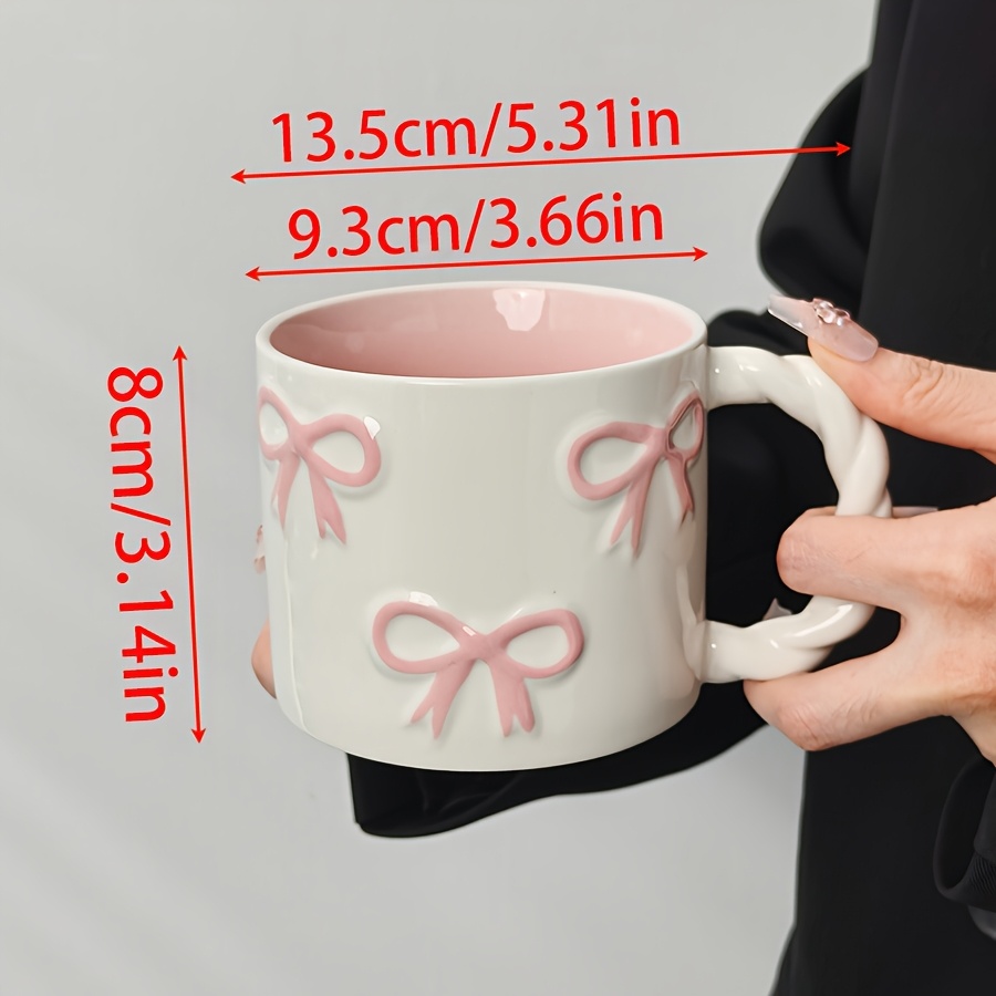 1pc New Creative 3D Bow Mug, High Aesthetic Twisty Handle Coffee Cup, Ceramic Coffee Cup, Milk Cup Water Cup, Microwave Safe, Perfect Gift for Bestie, Cute Girly Heart Drinking Cup, Valentine