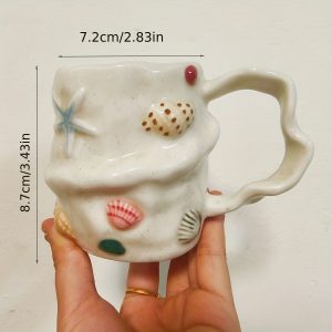 1pc 300Ml 10Oz Creative Shell Pattern Ceramic Coffee Mug, Hand-Painted Ceramic Tea Cup Matcha Cup, Beautiful Pattern Couple Cup, Latte Cup, Female Gift Cup, Vintage Style 3D Hand-Painted Touch Ceramic Cup, Non-Stick Shell Ceramic Cup - Image 7