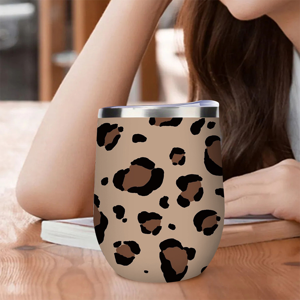 Leopard Print 12 Ounce Stainless Steel Insulated Water Cup Leak Proof, Reusable Eggshell Design, Suitable for Coffee, Wine and Cocktails Perfect for Home and Outdoor Use - Image 2
