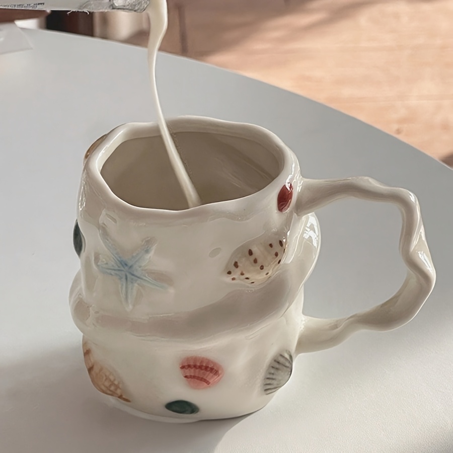 1pc 300Ml 10Oz Creative Shell Pattern Ceramic Coffee Mug, Hand-Painted Ceramic Tea Cup Matcha Cup, Beautiful Pattern Couple Cup, Latte Cup, Female Gift Cup, Vintage Style 3D Hand-Painted Touch Ceramic Cup, Non-Stick Shell Ceramic Cup - Image 11