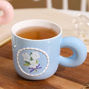 1pc Floral Pearl Mug - Cute Macaron Colors (White with Green Handles & Pink Rim), Insulated, Reusable, Perfect for Coffee, Tea, or Gifts, Hand Wash Only, Coffee Mug - Image 6