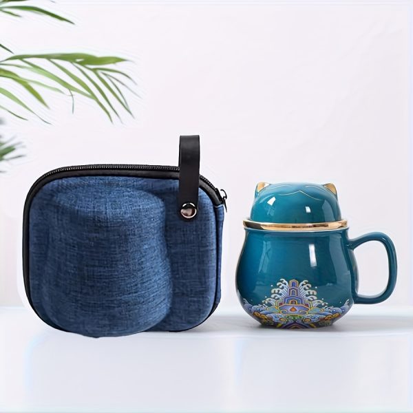 Ceramic Cat Cup with Portable Bag - Reusable, Insulated, Floral Design, Machine Washable, Ideal for Travel, Perfect for Home or Office Use, Ceramic Cup with Lid, | Floral Design Cup | Ceramic Cup