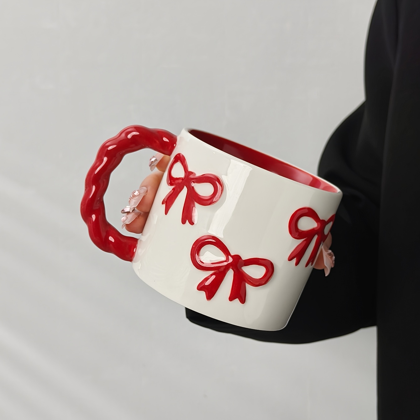 1pc New Creative 3D Bow Mug, High Aesthetic Twisty Handle Coffee Cup, Ceramic Coffee Cup, Milk Cup Water Cup, Microwave Safe, Perfect Gift for Bestie, Cute Girly Heart Drinking Cup, Valentine