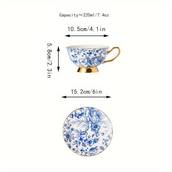 1pc Bone China Cup and Saucer , Ceramic Tea Coffee Cup for Wedding, Vintage Blue and White Porcelain Flower Pattern, Ceramic Royal Luxury Coffee Mug, Porcelain Latte Cup Saucer Teacup for Afternoon Tea, Mother's Day Valentine's Day gift, 7 Ounces